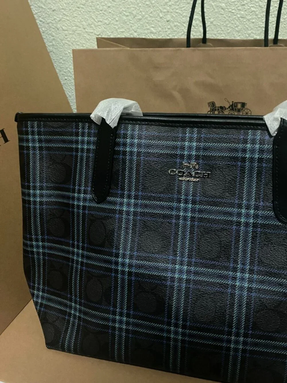 City Tote Bag Graphic Plaid Print on Signature canvas blue black & charc